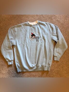 Vintage Women’s Double Crewneck Light Blue Snowman Christmas Pullover